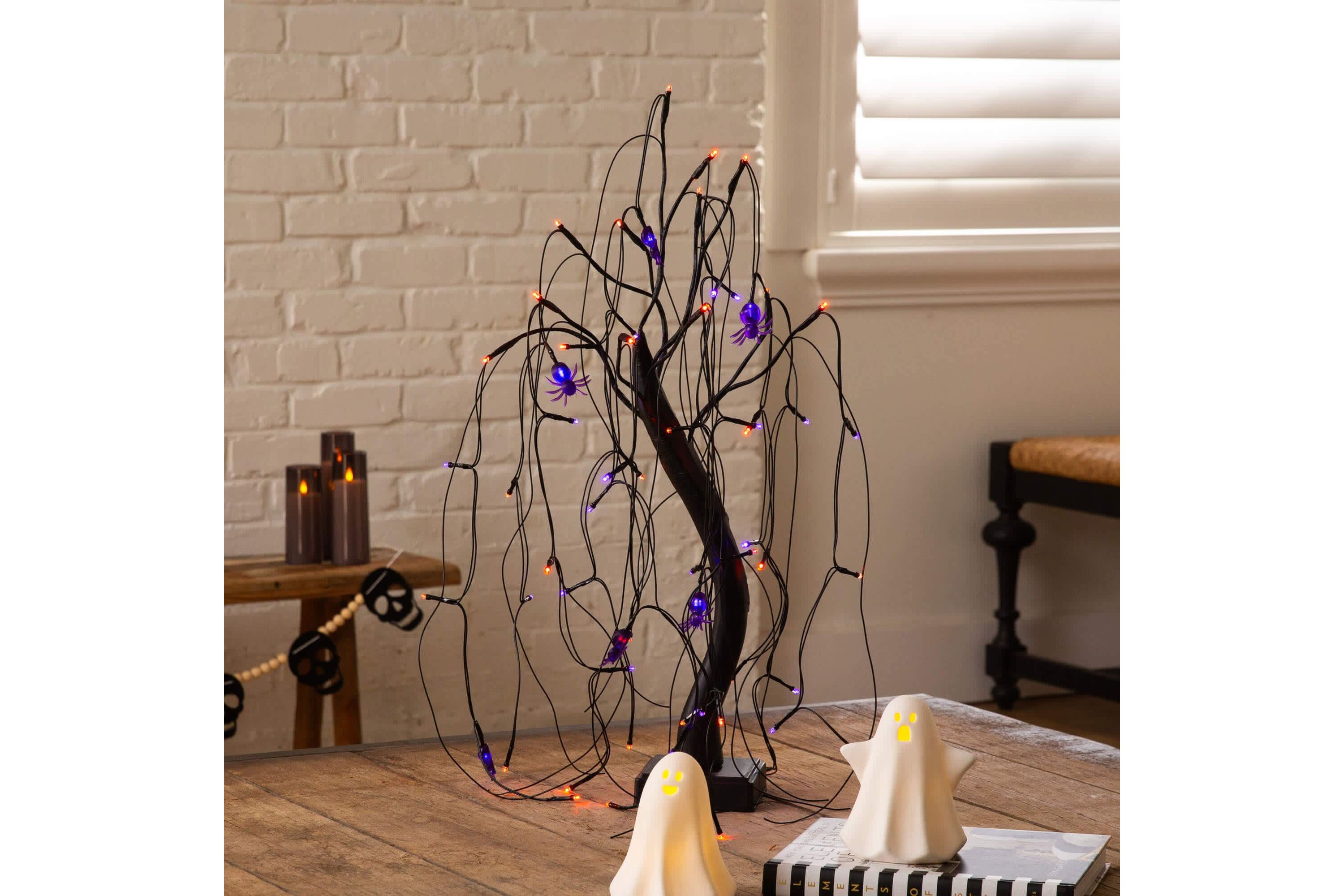 2-Foot Pre-Lit Halloween Artificial Black Spooky Spider Willow Tree with 60 Orange & Purple LED Lights