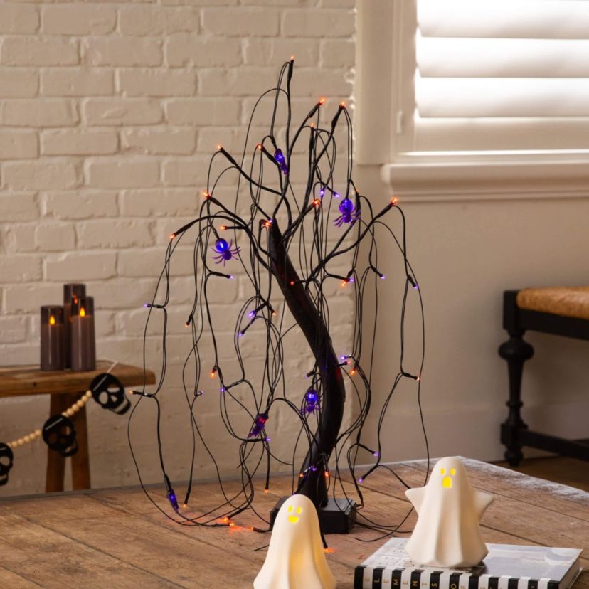 2-Foot Pre-Lit Halloween Artificial Black Spooky Spider Willow Tree with 60 Orange & Purple LED Lights