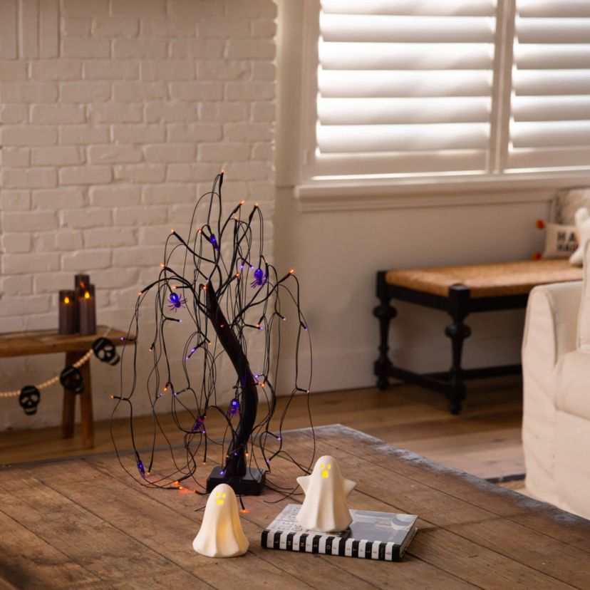 2-Foot Pre-Lit Halloween Artificial Black Spooky Spider Willow Tree with 60 Orange & Purple LED Lights