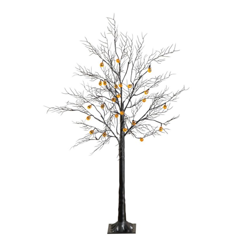 4-Foot Pre-Lit Artificial Halloween Black Twig Tree with 24 Orange LED Pumpkin Shaped Lights