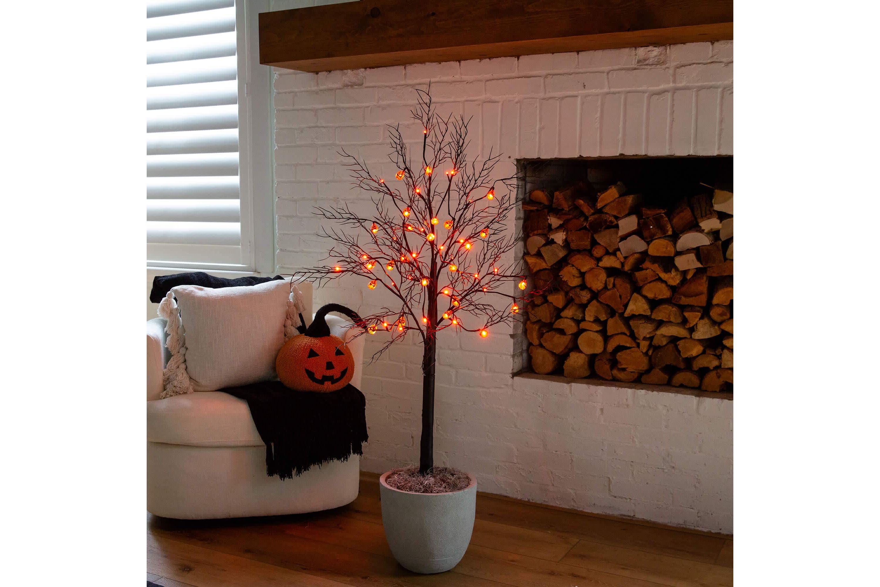 4-Foot Pre-Lit Artificial Halloween Black Twig Tree with 24 Orange LED Pumpkin Shaped Lights