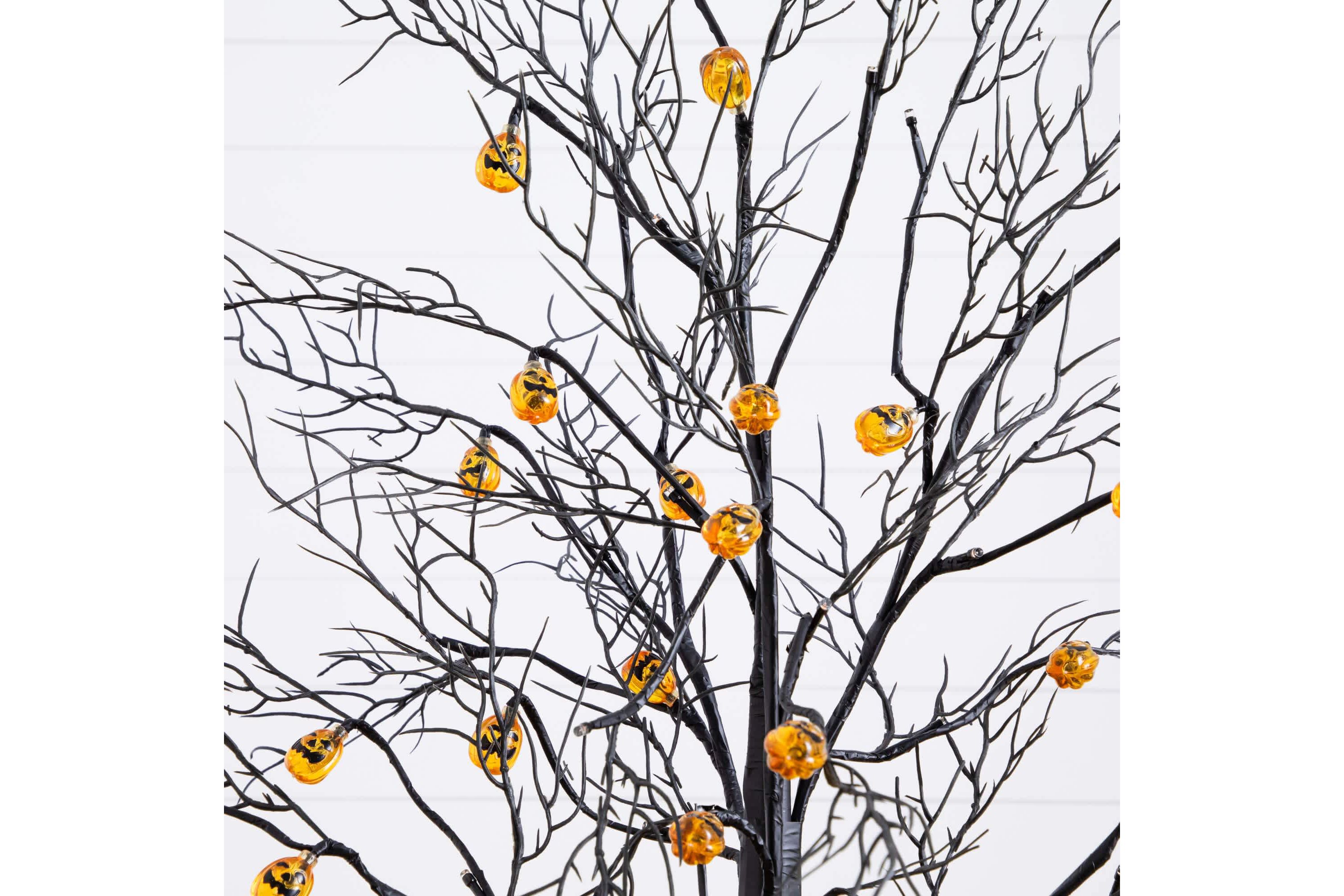 4-Foot Pre-Lit Artificial Halloween Black Twig Tree with 24 Orange LED Pumpkin Shaped Lights