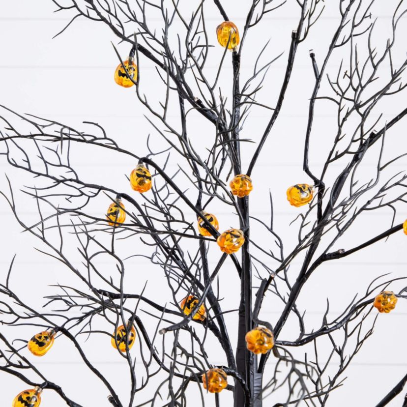 4-Foot Pre-Lit Artificial Halloween Black Twig Tree with 24 Orange LED Pumpkin Shaped Lights