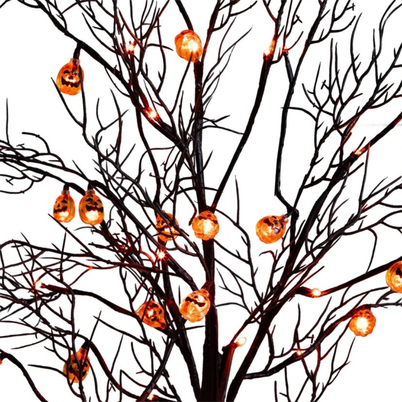 4-Foot Pre-Lit Artificial Halloween Black Twig Tree with 24 Orange LED Pumpkin Shaped Lights