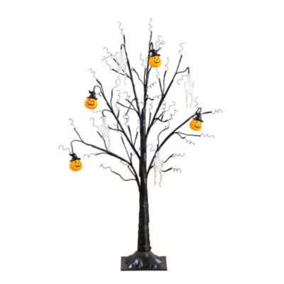 Nearly Natural 3-Foot Pre-Lit Artificial Halloween Pumpkins and Skulls Ornament Tree with 48 Warm White LED Lights, Black