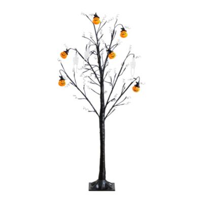 Nearly Natural 4-Foot Pre-Lit Artificial Halloween Pumpkins and Skulls Ornament Tree with 64 Warm White LED Lights, Black