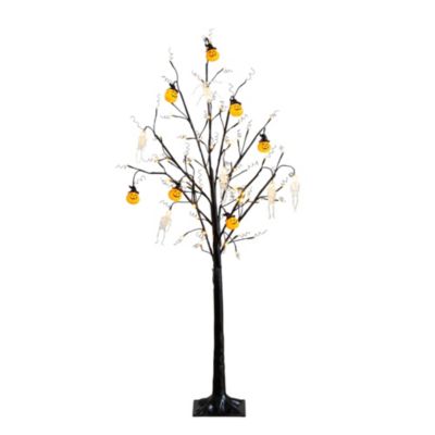 Nearly Natural 5-Foot Pre-Lit Artificial Halloween Pumpkins and Skulls Ornament Tree with 72 Warm White LED Lights, Black