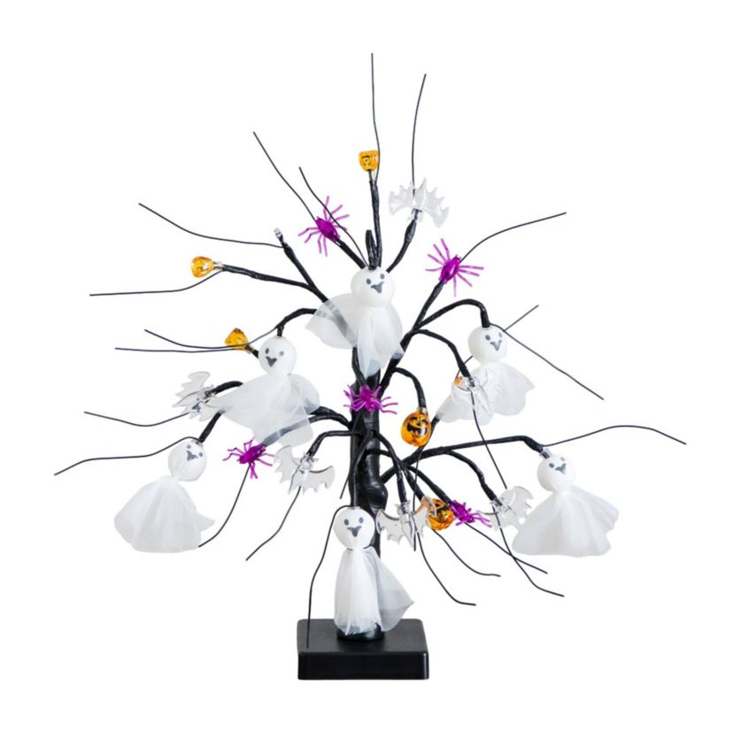 18-Inch Pre-Lit Artificial Halloween Ghost Dolls, Spiders, Bats & Pumpkins 24 LED Lighted Ornament Tree