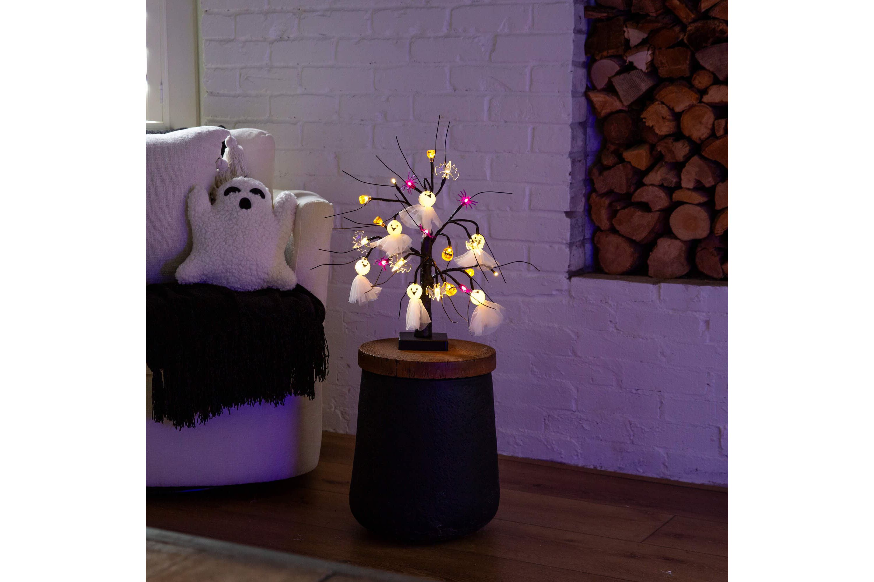 18-Inch Pre-Lit Artificial Halloween Ghost Dolls, Spiders, Bats & Pumpkins 24 LED Lighted Ornament Tree