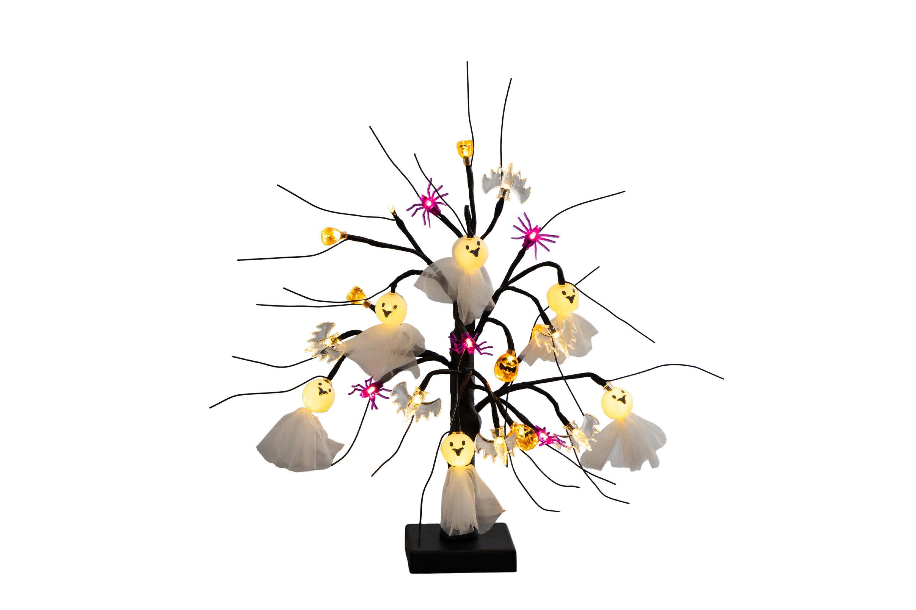18-Inch Pre-Lit Artificial Halloween Ghost Dolls, Spiders, Bats & Pumpkins 24 LED Lighted Ornament Tree