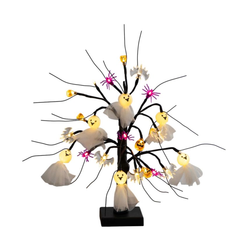 18-Inch Pre-Lit Artificial Halloween Ghost Dolls, Spiders, Bats & Pumpkins 24 LED Lighted Ornament Tree