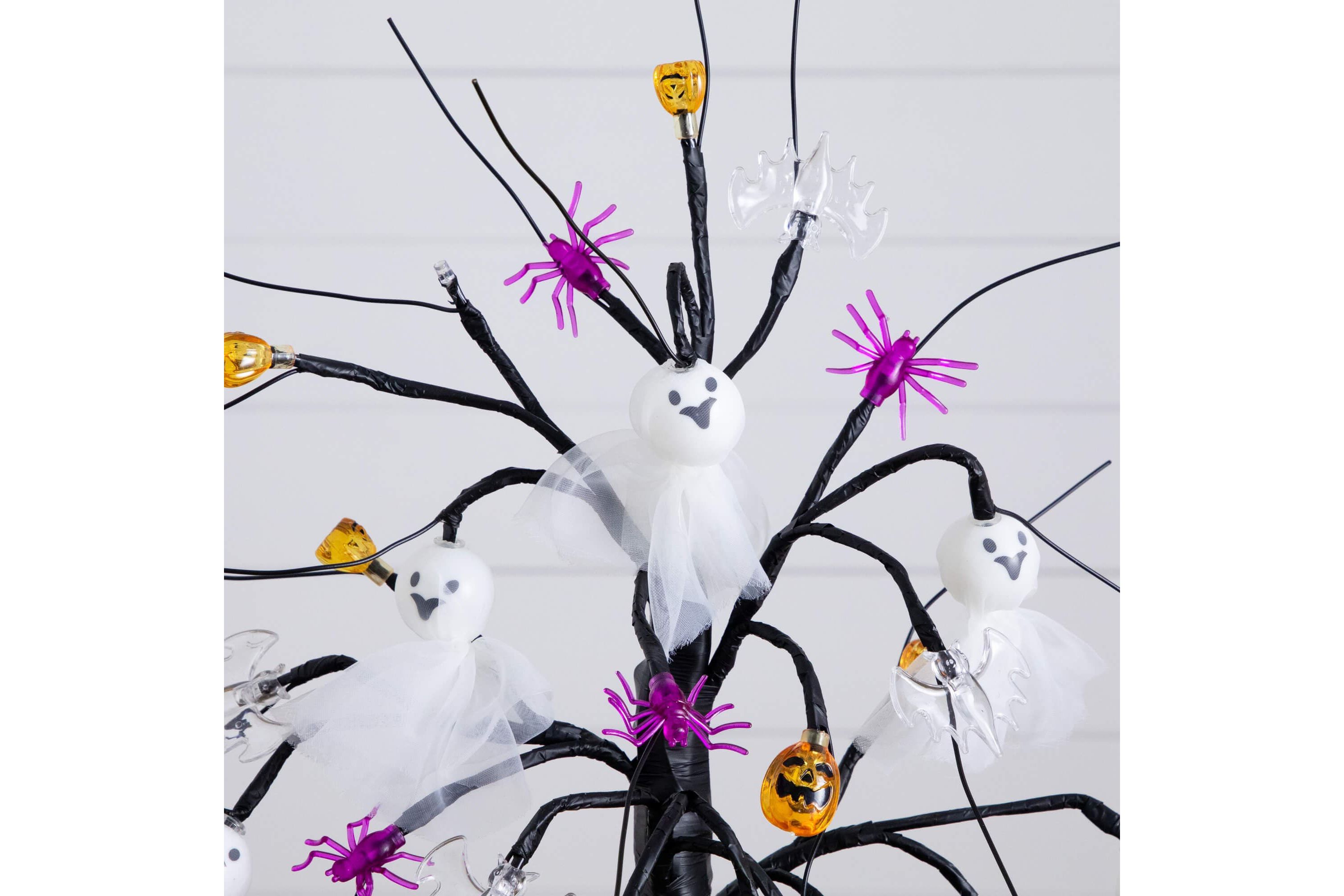 18-Inch Pre-Lit Artificial Halloween Ghost Dolls, Spiders, Bats & Pumpkins 24 LED Lighted Ornament Tree