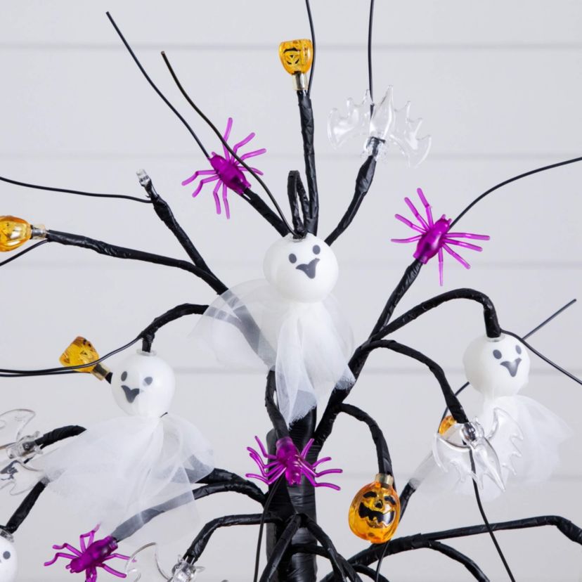 18-Inch Pre-Lit Artificial Halloween Ghost Dolls, Spiders, Bats & Pumpkins 24 LED Lighted Ornament Tree