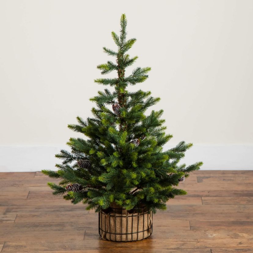 3-Foot Artificial Balsam Fir Christmas Tree with Pine Cones in Jute Wire Planter