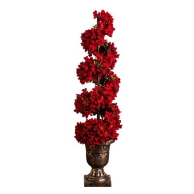 Nearly Natural 3-Foot Pre-Lit Artificial Christmas Poinsettias and Berries Spiral Topiary Tree with 30 Warm White LED Lights, Red