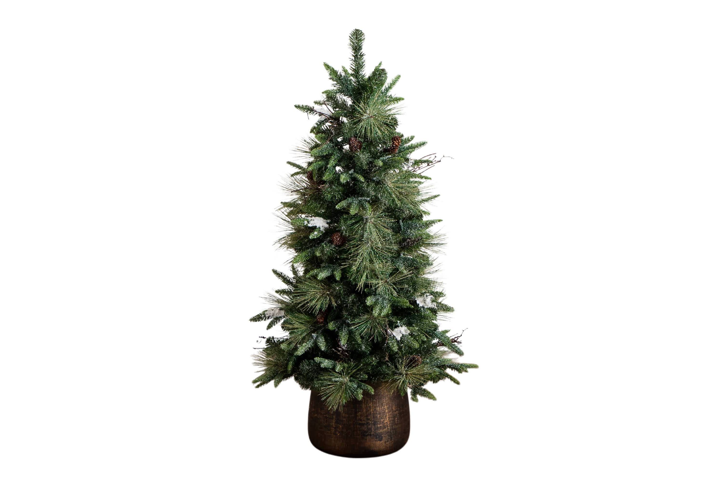 4-Foot Pre-Lit Artificial Mixed Pine Snowed Christmas Tree with Pinecones in Decorative Planter with 60 Warm White LED Lights
