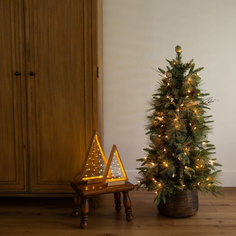 4-Foot Pre-Lit Artificial Mixed Pine Snowed Christmas Tree with Pinecones in Decorative Planter with 60 Warm White LED Lights