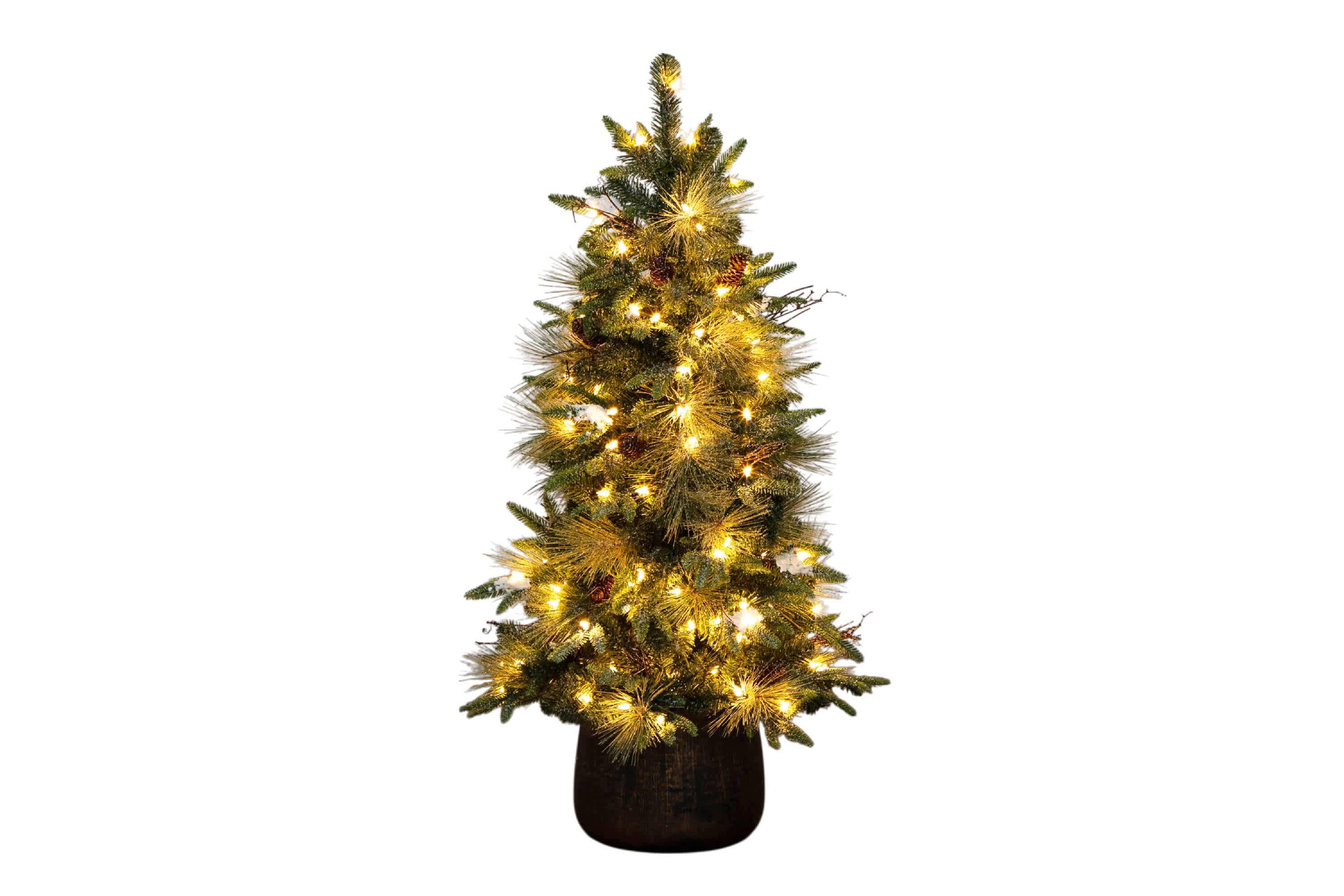 4-Foot Pre-Lit Artificial Mixed Pine Snowed Christmas Tree with Pinecones in Decorative Planter with 60 Warm White LED Lights