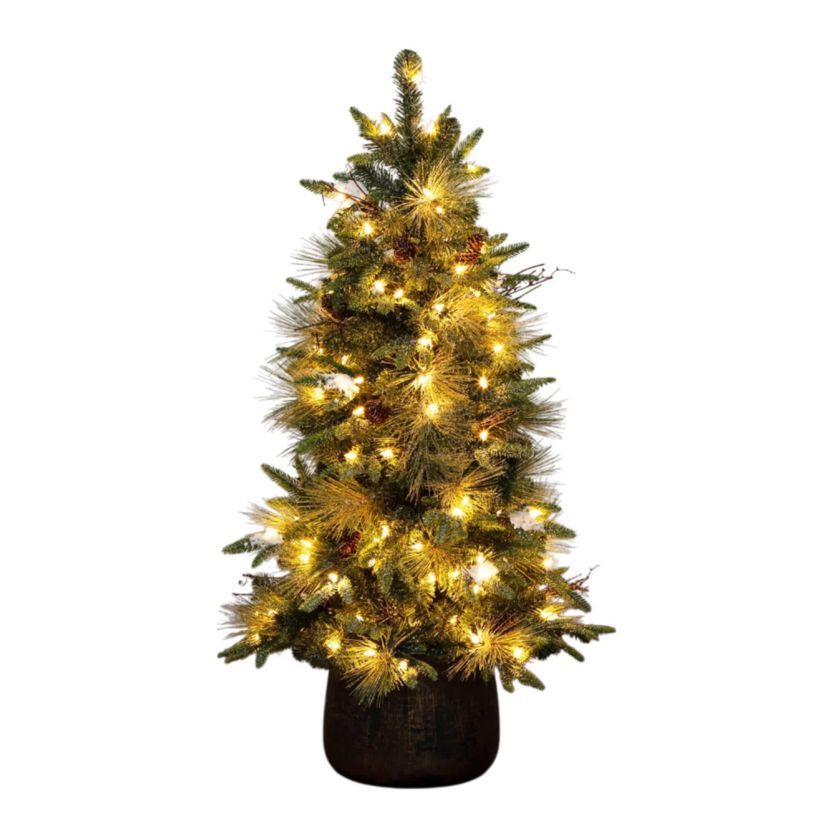 4-Foot Pre-Lit Artificial Mixed Pine Snowed Christmas Tree with Pinecones in Decorative Planter with 60 Warm White LED Lights