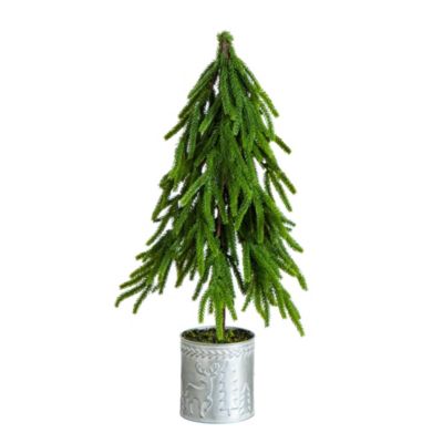 Nearly Natural 20-Inch Artificial Real Touch Down Swept Norfolk Island Pine in Christmas Tin Metal Planter with Natural Look, Green