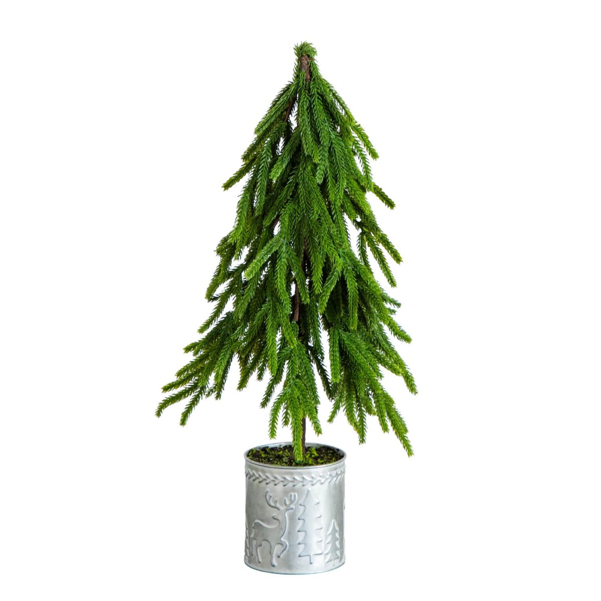 20-Inch Artificial Real Touch Down Swept Norfolk Island Pine in Christmas Tin Metal Planter with Natural Look