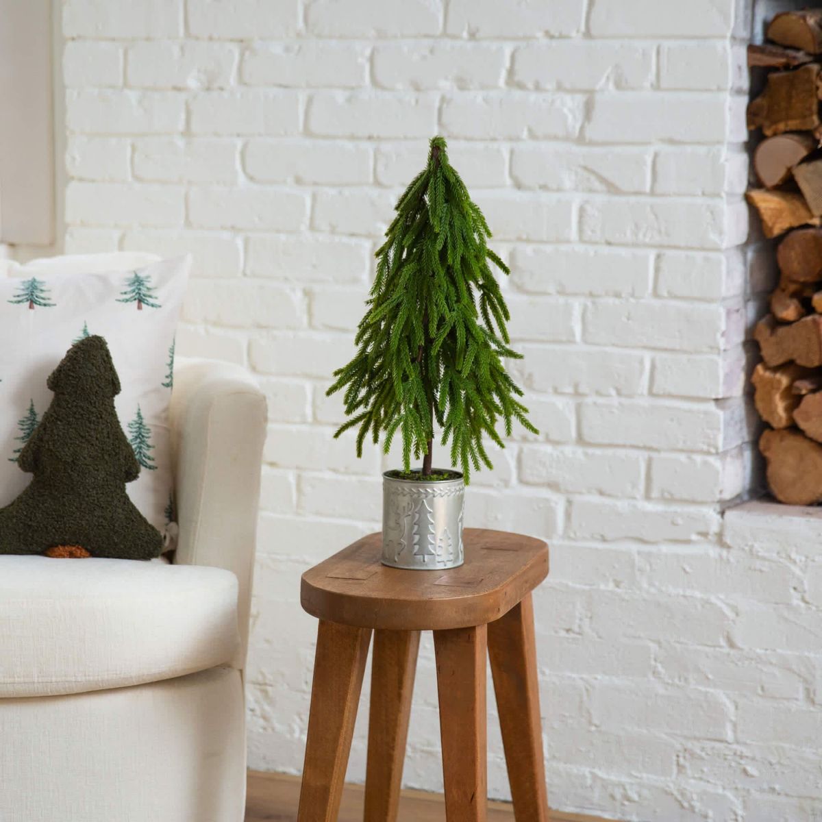 20-Inch Artificial Real Touch Down Swept Norfolk Island Pine in Christmas Tin Metal Planter with Natural Look