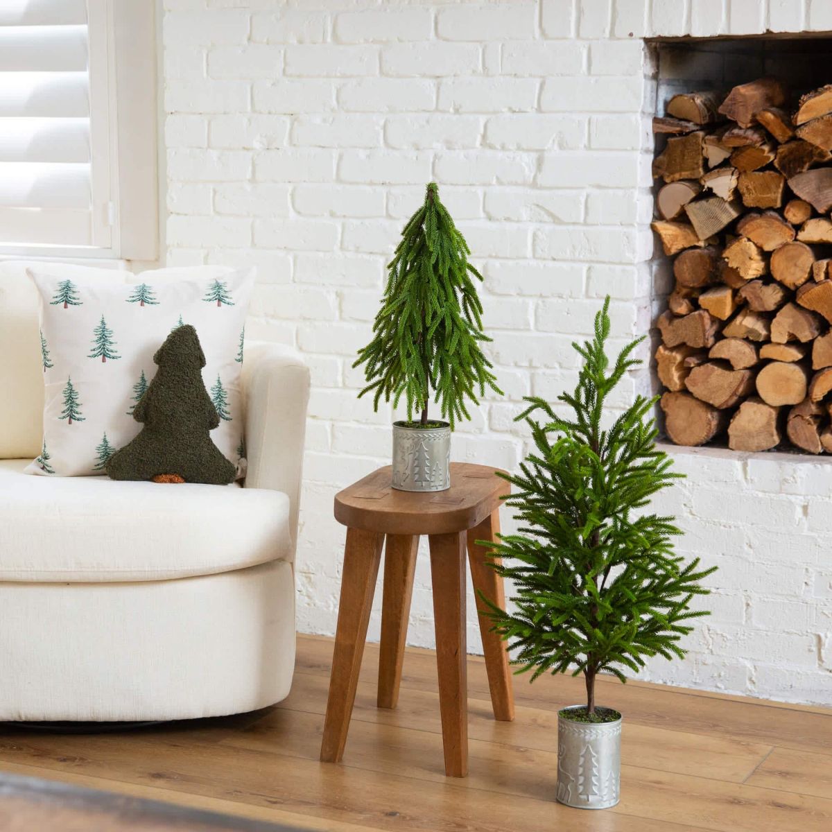 20-Inch Artificial Real Touch Down Swept Norfolk Island Pine in Christmas Tin Metal Planter with Natural Look