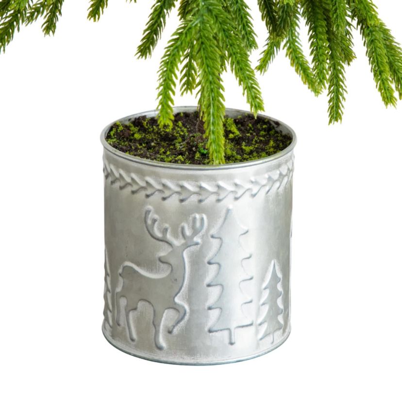 20-Inch Artificial Real Touch Down Swept Norfolk Island Pine in Christmas Tin Metal Planter with Natural Look