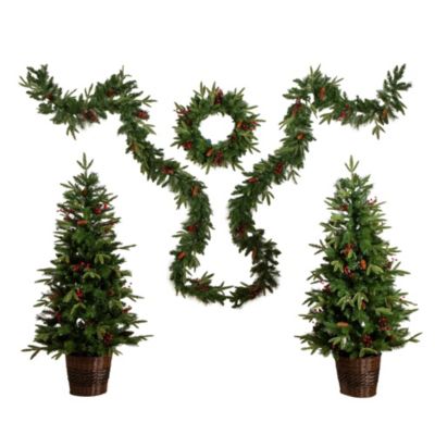 Nearly Natural Pre-Lit Artificial Christmas Holiday 5 Piece Bundle with Pinecones & Berries - Set of 2 5-Foot Christmas Trees, 24-Inch Wreath and set