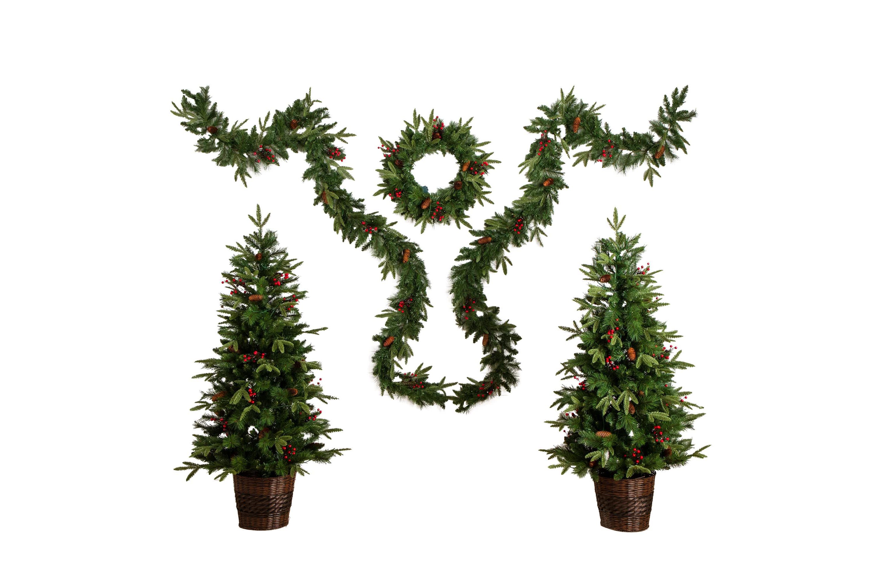 Pre-Lit Artificial Christmas Holiday 5 Piece Bundle with Pinecones & Berries - Set of 2 5-Foot Christmas Trees, 24-Inch Wreath and set of 2 9-Foot Garlands