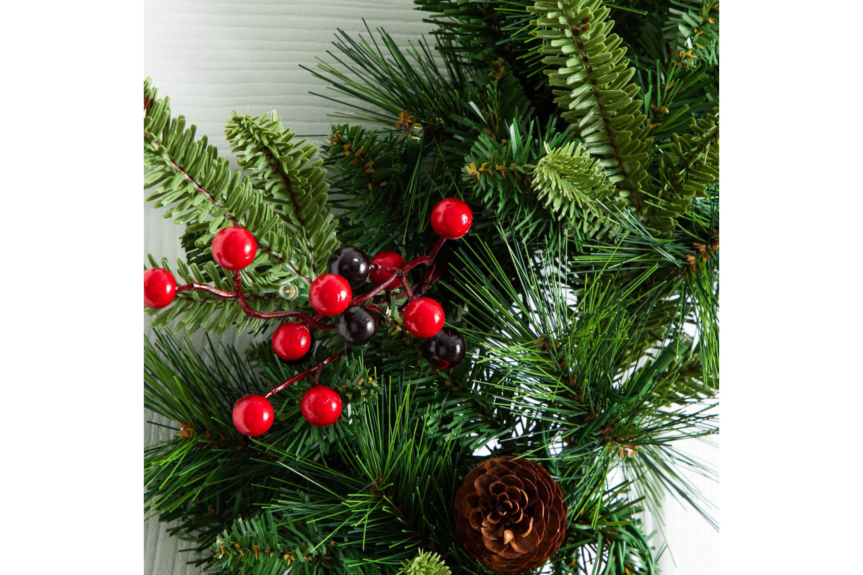 Pre-Lit Artificial Christmas Holiday 5 Piece Bundle with Pinecones & Berries - Set of 2 5-Foot Christmas Trees, 24-Inch Wreath and set of 2 9-Foot Garlands
