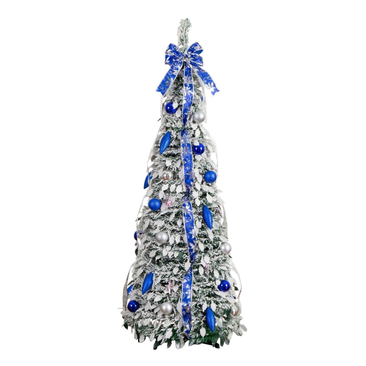 5-Foot Pre-Lit Artificial Pop Up Flocked Christmas Tree with Silver & Blue Ornaments, Ribbons and 100 Warm White LED Lights
