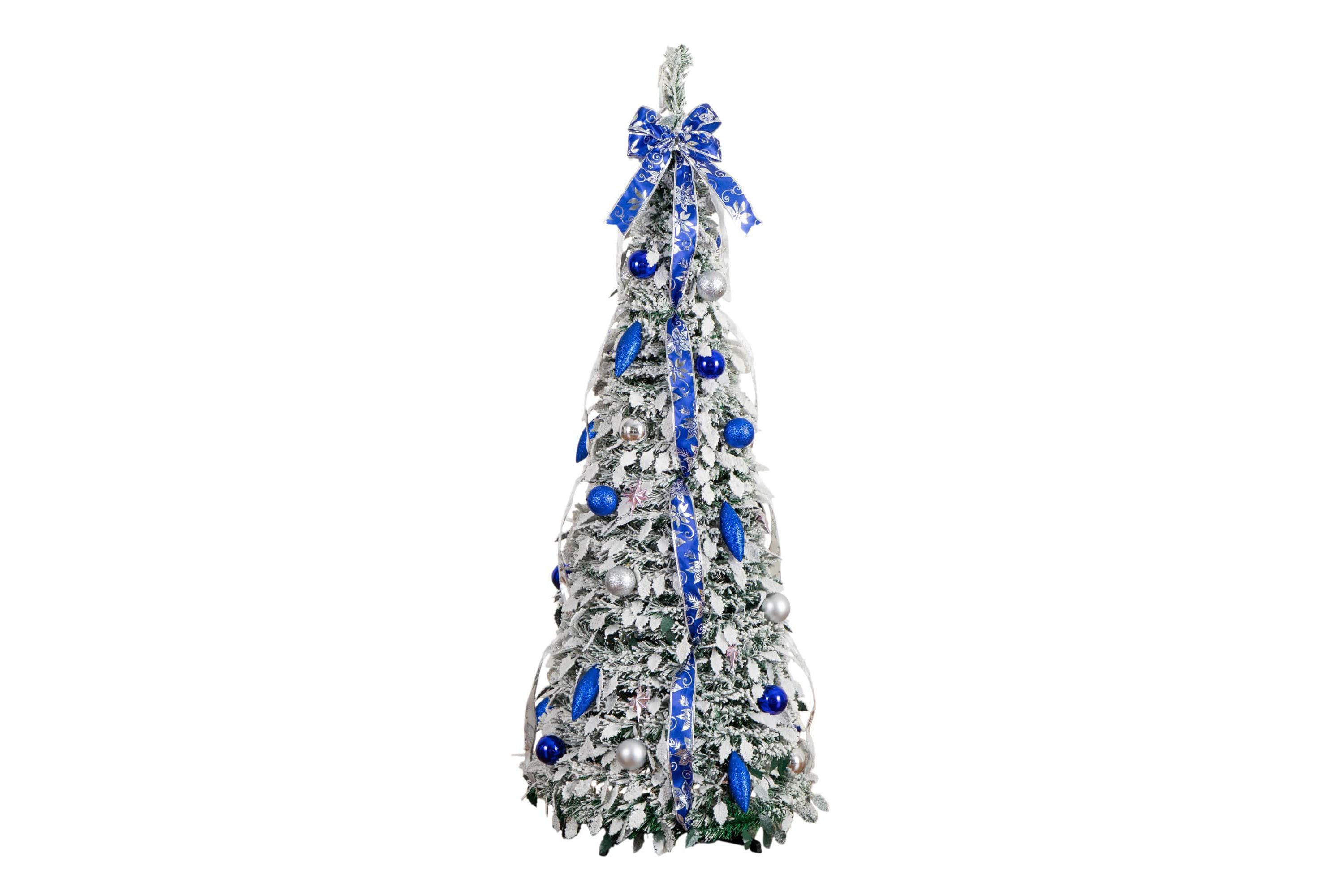 5-Foot Pre-Lit Artificial Pop Up Flocked Christmas Tree with Silver & Blue Ornaments, Ribbons and 100 Warm White LED Lights
