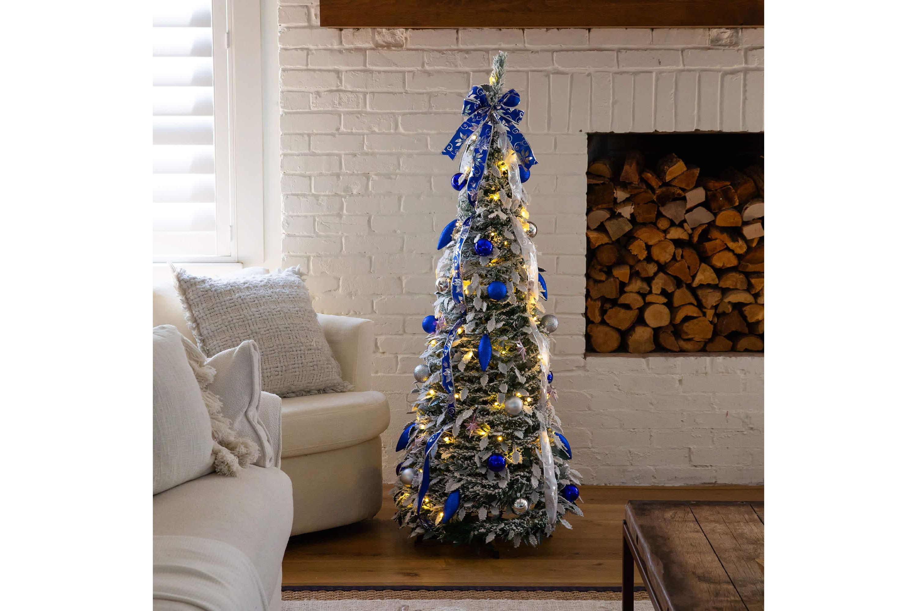 5-Foot Pre-Lit Artificial Pop Up Flocked Christmas Tree with Silver & Blue Ornaments, Ribbons and 100 Warm White LED Lights