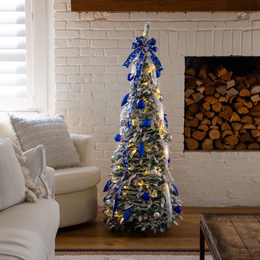 5-Foot Pre-Lit Artificial Pop Up Flocked Christmas Tree with Silver & Blue Ornaments, Ribbons and 100 Warm White LED Lights