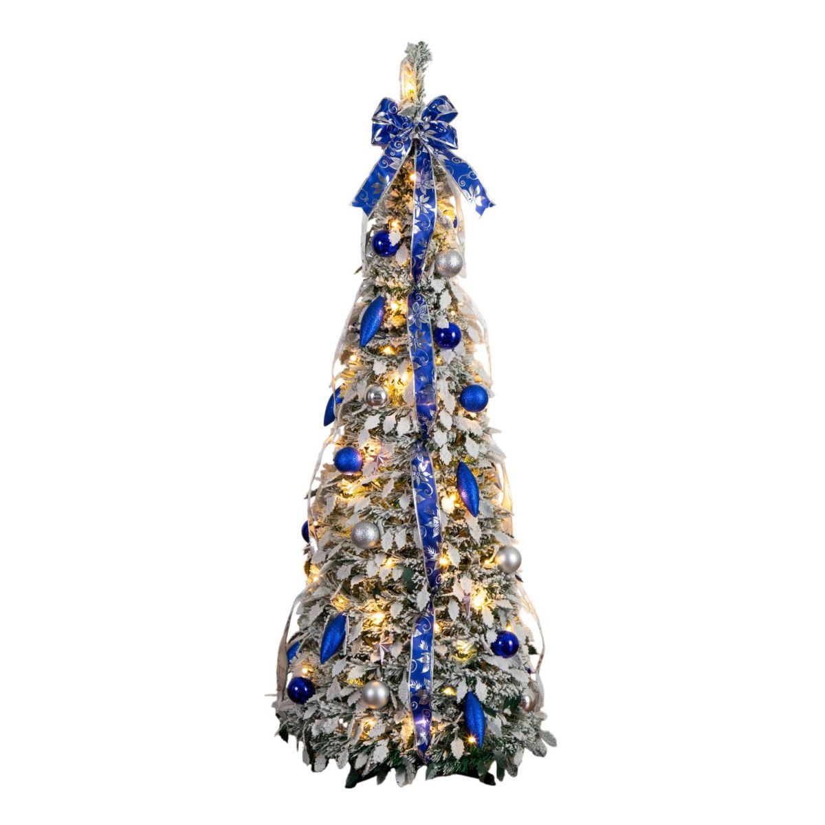 5-Foot Pre-Lit Artificial Pop Up Flocked Christmas Tree with Silver & Blue Ornaments, Ribbons and 100 Warm White LED Lights