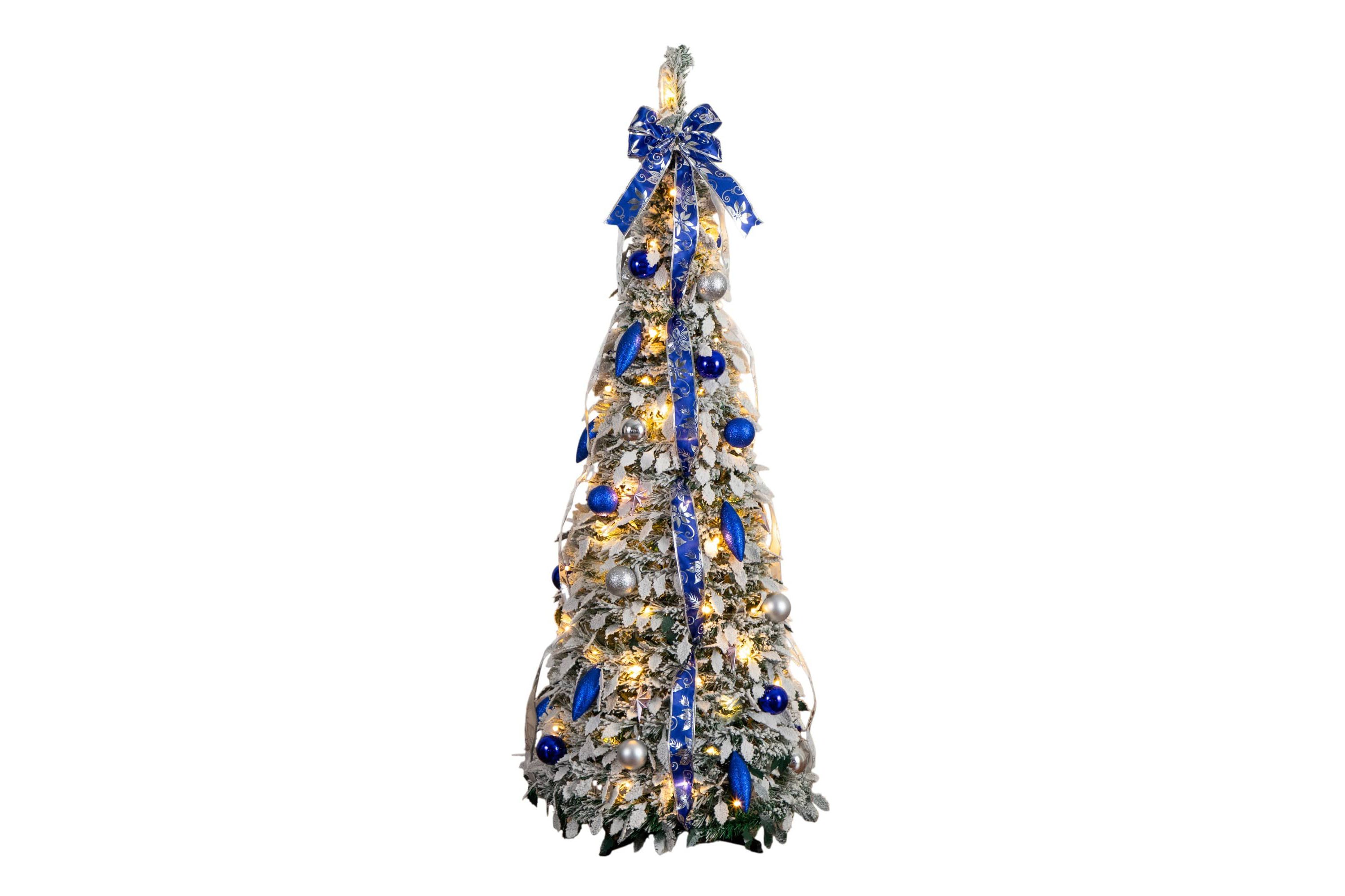 5-Foot Pre-Lit Artificial Pop Up Flocked Christmas Tree with Silver & Blue Ornaments, Ribbons and 100 Warm White LED Lights
