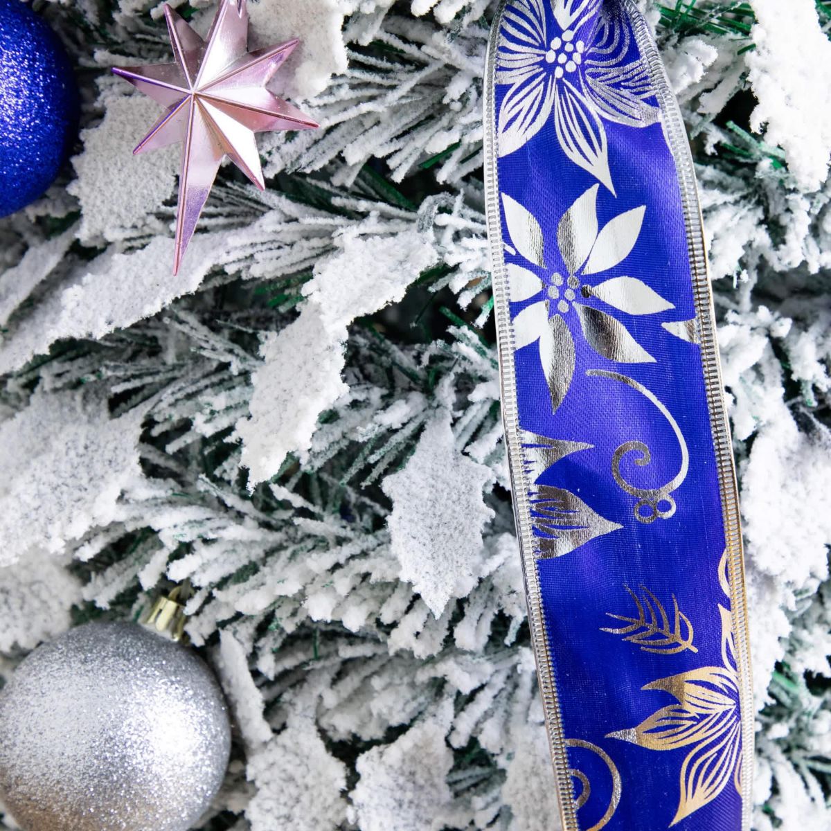 5-Foot Pre-Lit Artificial Pop Up Flocked Christmas Tree with Silver & Blue Ornaments, Ribbons and 100 Warm White LED Lights