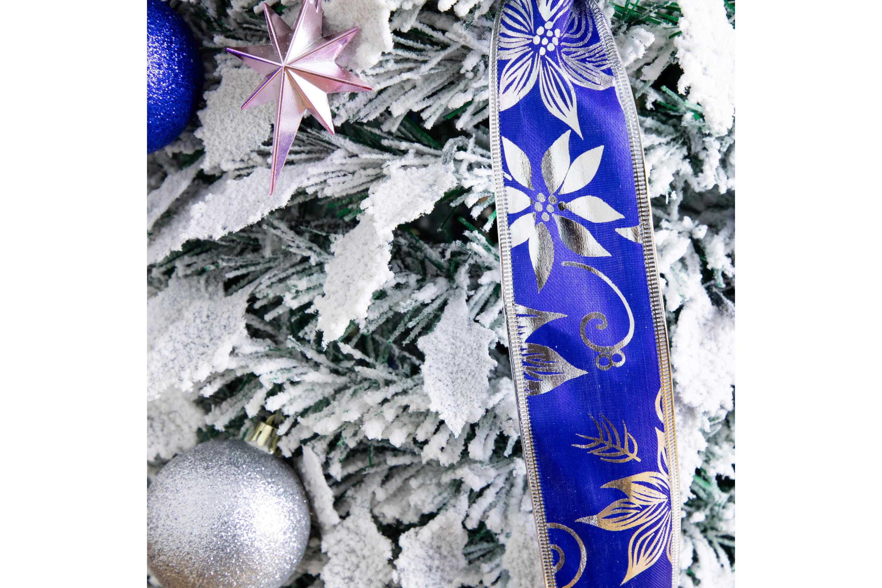 5-Foot Pre-Lit Artificial Pop Up Flocked Christmas Tree with Silver & Blue Ornaments, Ribbons and 100 Warm White LED Lights