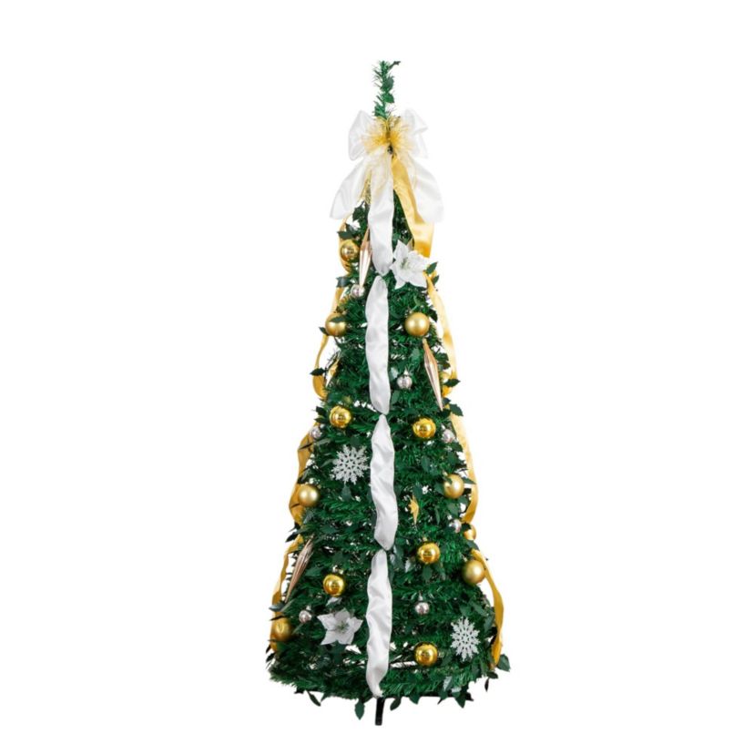 5-Foot Pre-Lit Artificial Pop up Christmas Tree with Gold & Silver Ornaments, Ribbons and 100 Warm White LED Lights