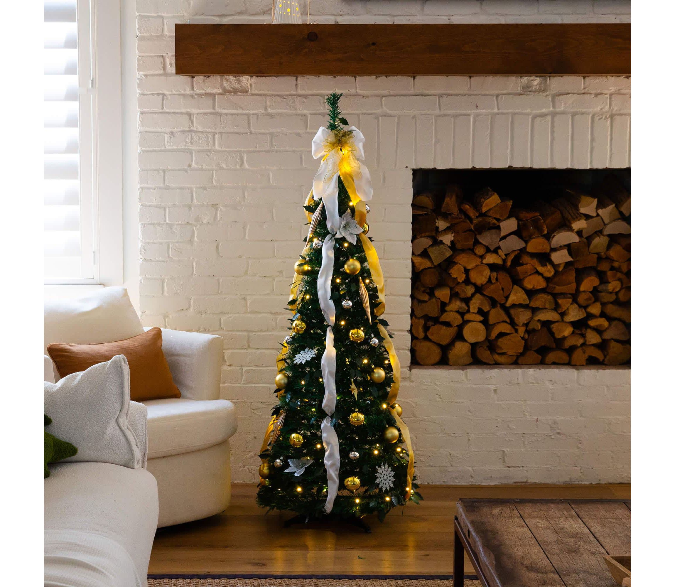 5-Foot Pre-Lit Artificial Pop up Christmas Tree with Gold & Silver Ornaments, Ribbons and 100 Warm White LED Lights