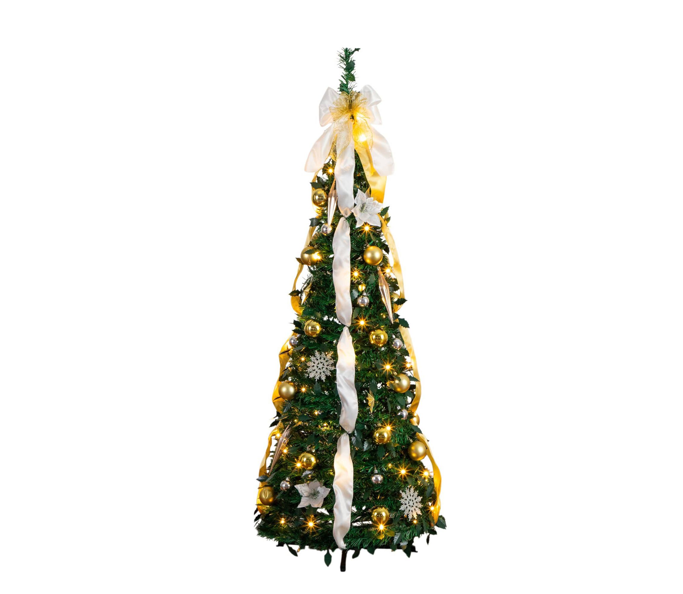 5-Foot Pre-Lit Artificial Pop up Christmas Tree with Gold & Silver Ornaments, Ribbons and 100 Warm White LED Lights