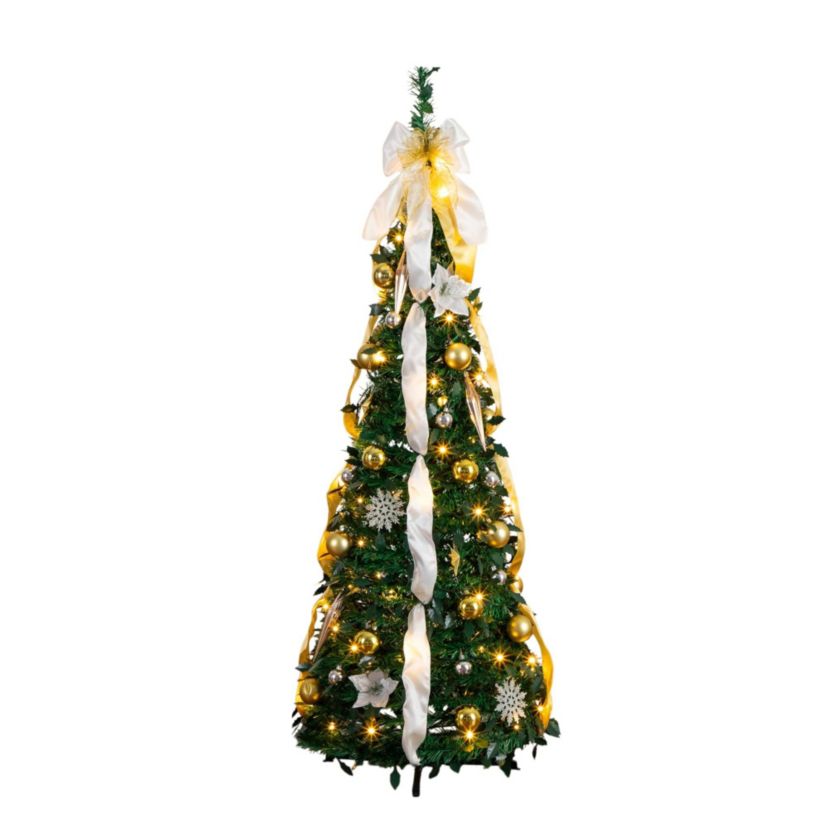 5-Foot Pre-Lit Artificial Pop up Christmas Tree with Gold & Silver Ornaments, Ribbons and 100 Warm White LED Lights