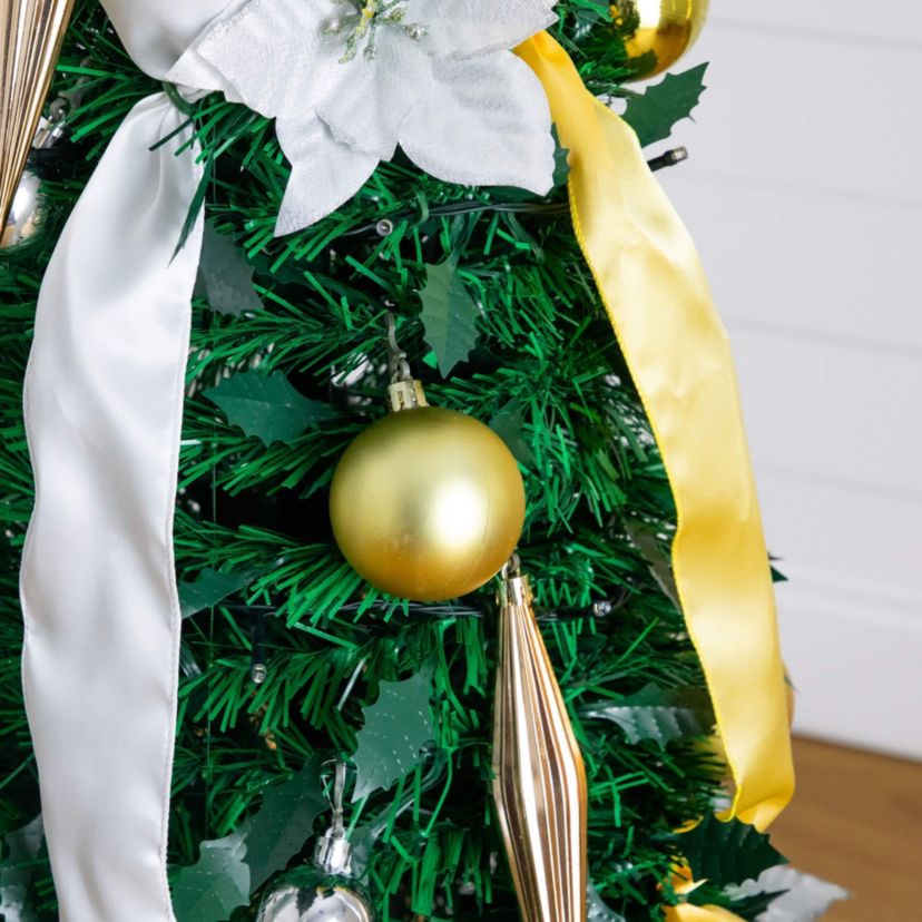 5-Foot Pre-Lit Artificial Pop up Christmas Tree with Gold & Silver Ornaments, Ribbons and 100 Warm White LED Lights