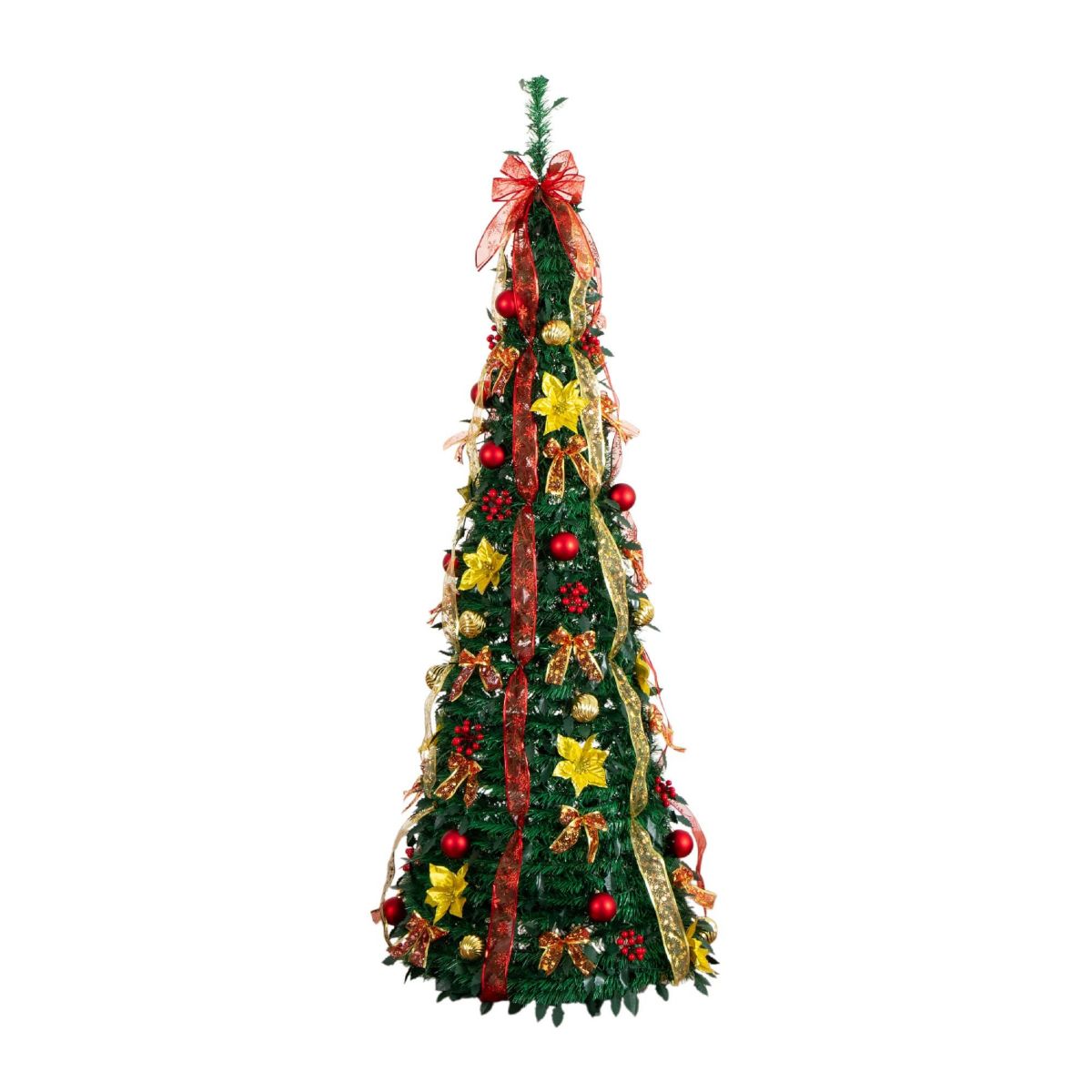 6-Foot Pre-Lit Artificial Pop up Christmas Tree with Red & Gold Ornaments, Ribbons and 150 Warm White LED Lights