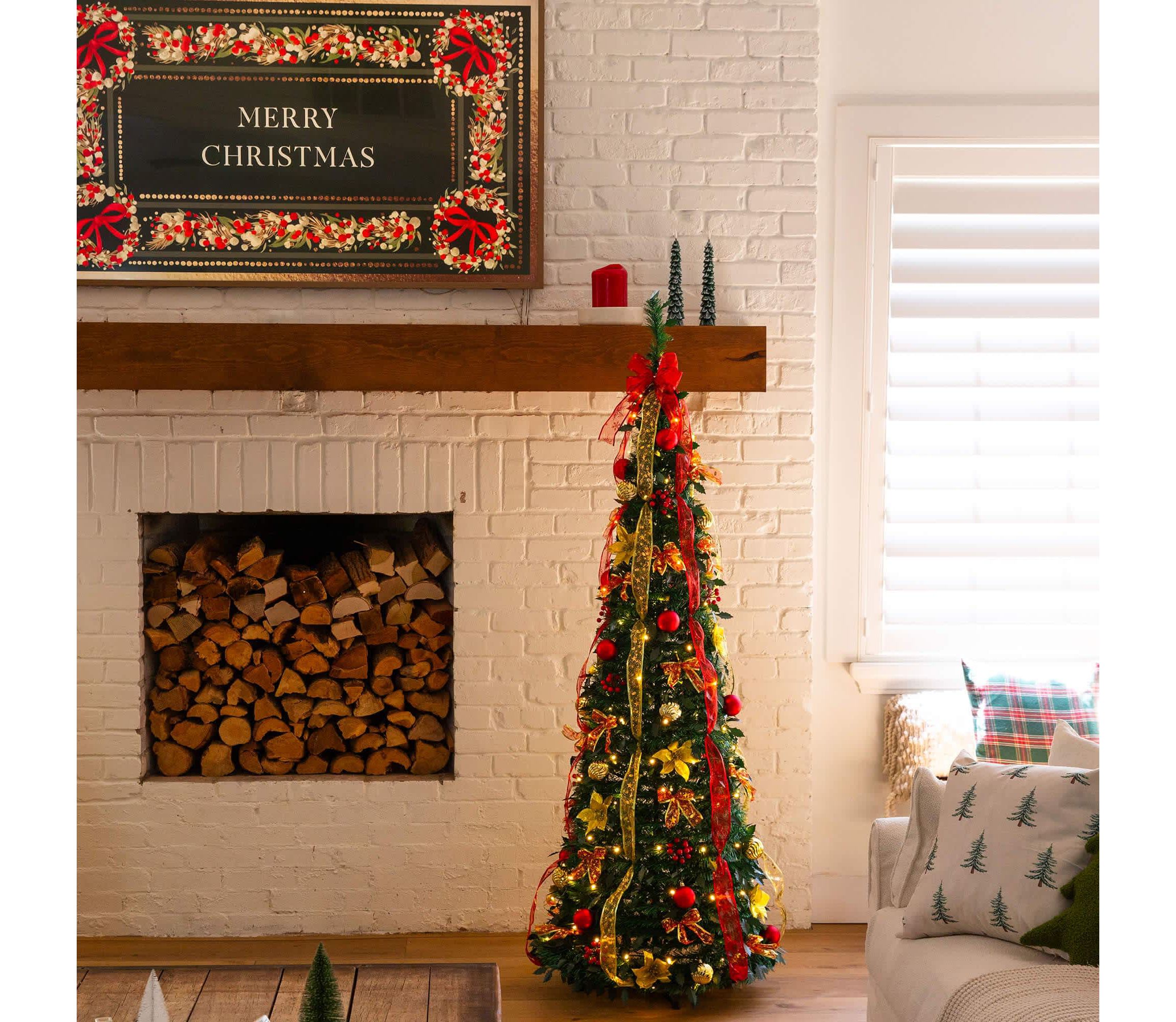 6-Foot Pre-Lit Artificial Pop up Christmas Tree with Red & Gold Ornaments, Ribbons and 150 Warm White LED Lights