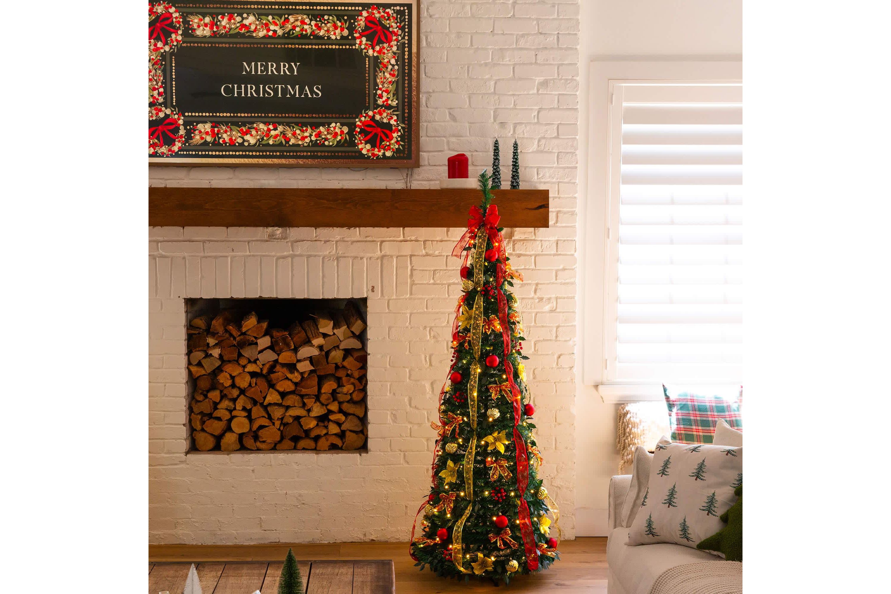 6-Foot Pre-Lit Artificial Pop up Christmas Tree with Red & Gold Ornaments, Ribbons and 150 Warm White LED Lights