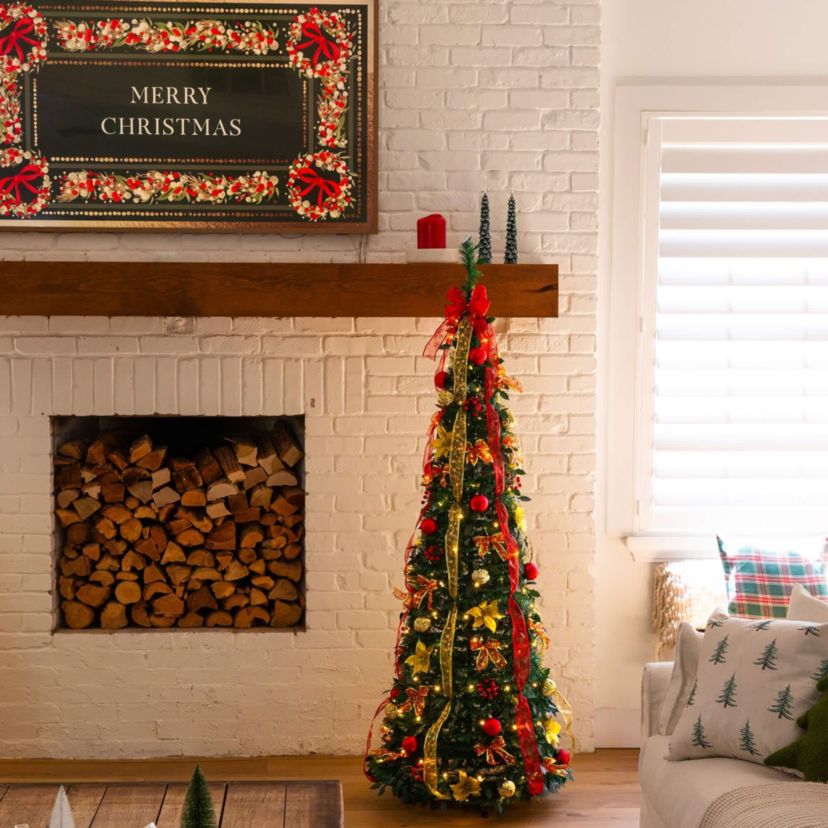 6-Foot Pre-Lit Artificial Pop up Christmas Tree with Red & Gold Ornaments, Ribbons and 150 Warm White LED Lights