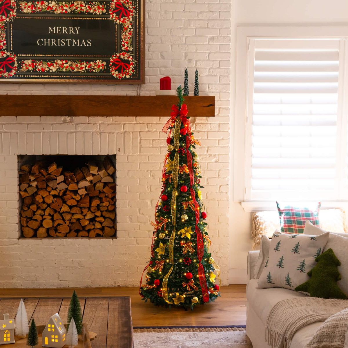 6-Foot Pre-Lit Artificial Pop up Christmas Tree with Red & Gold Ornaments, Ribbons and 150 Warm White LED Lights