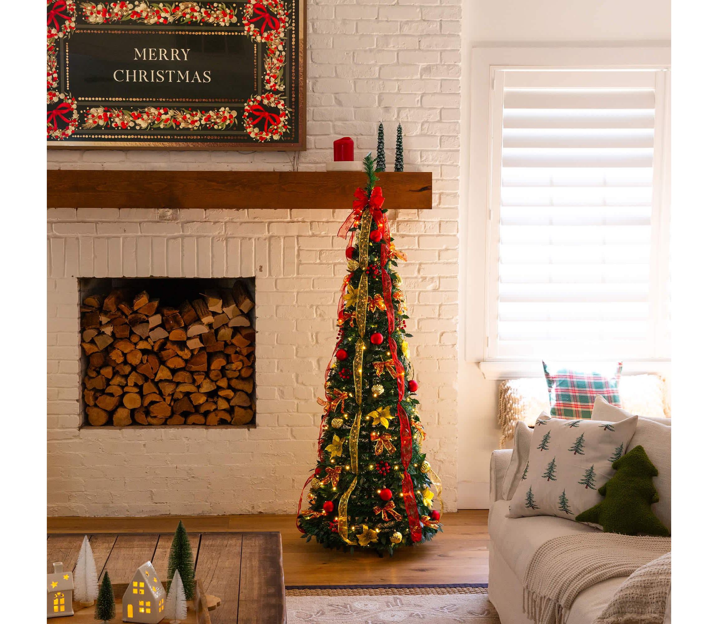 6-Foot Pre-Lit Artificial Pop up Christmas Tree with Red & Gold Ornaments, Ribbons and 150 Warm White LED Lights